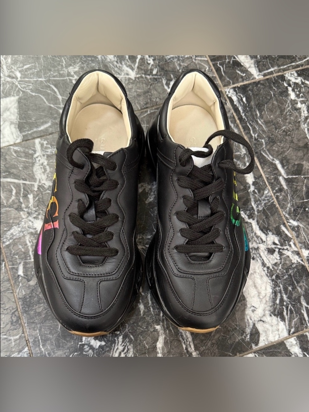 Gucci Black Leather Sneakers with Rainbow Logo Accents